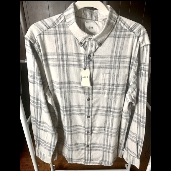 NWT Men’s ROWM Button Down Shirt in Light Gray/Black Plaid, Size Large - Picture 5 of 6